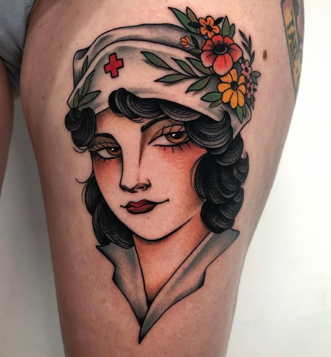 Charming Nurse Tattoo with Floral Headband