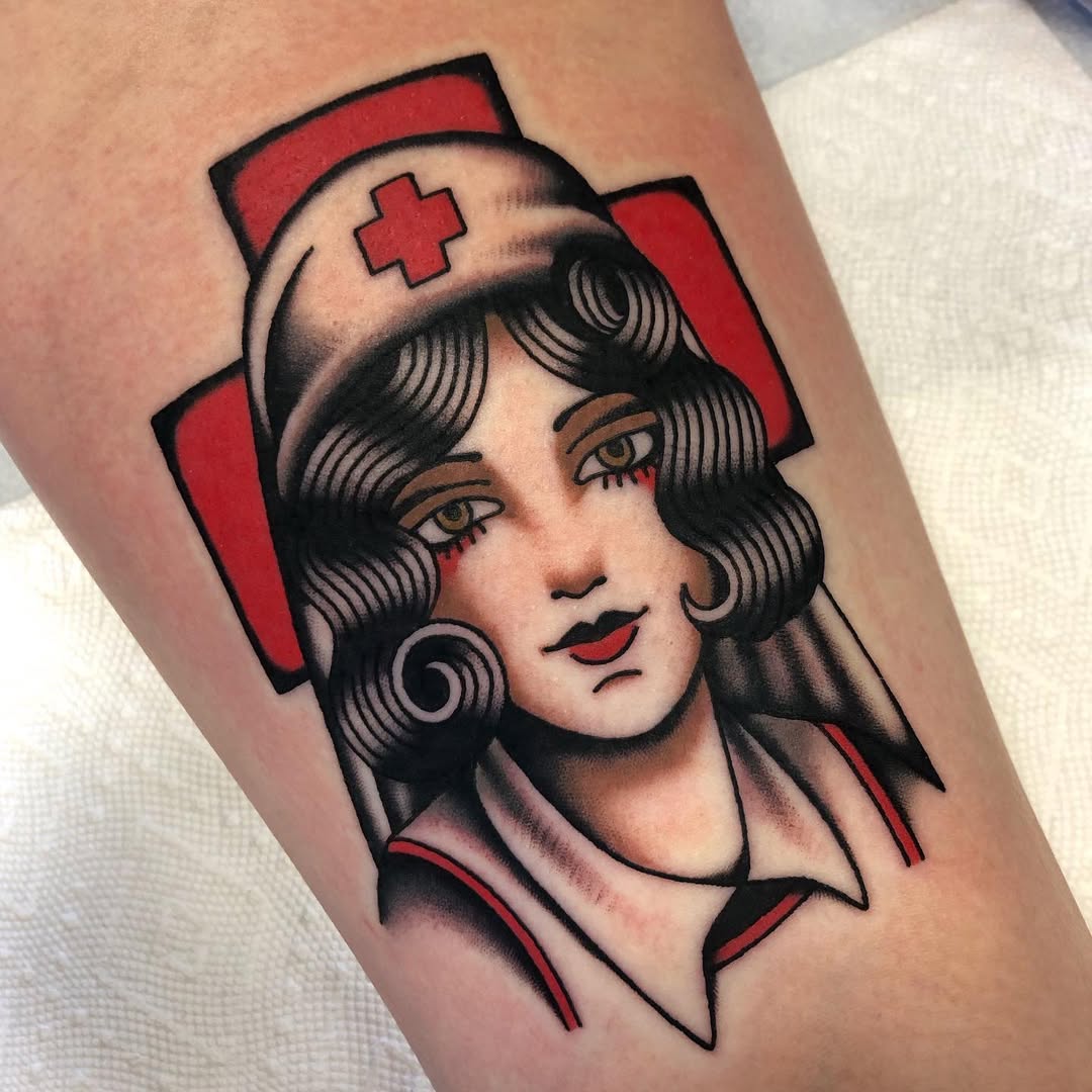 Classic vintage nurse tattoo with unique detailing
