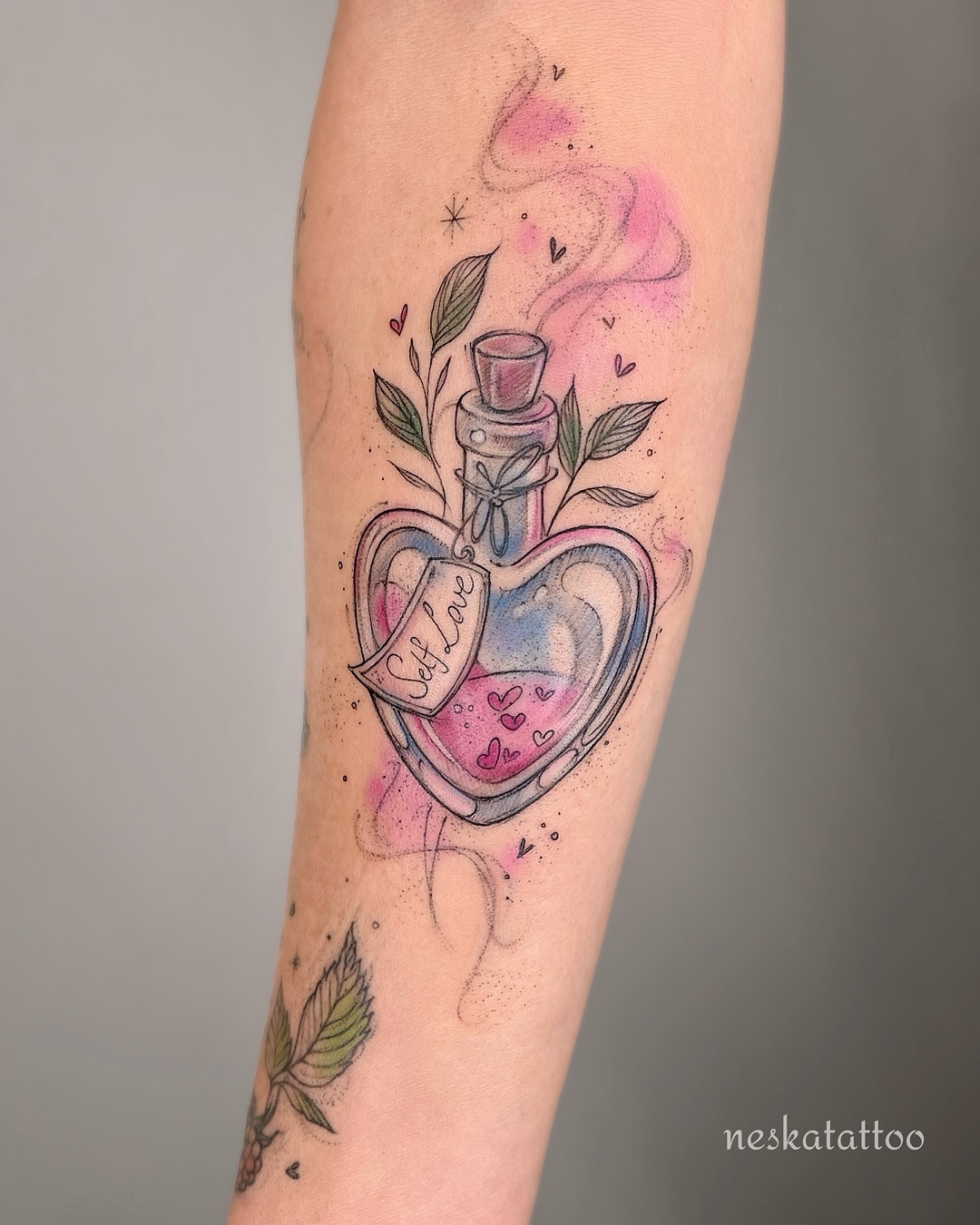 A colorful heart-shaped potion for self-love