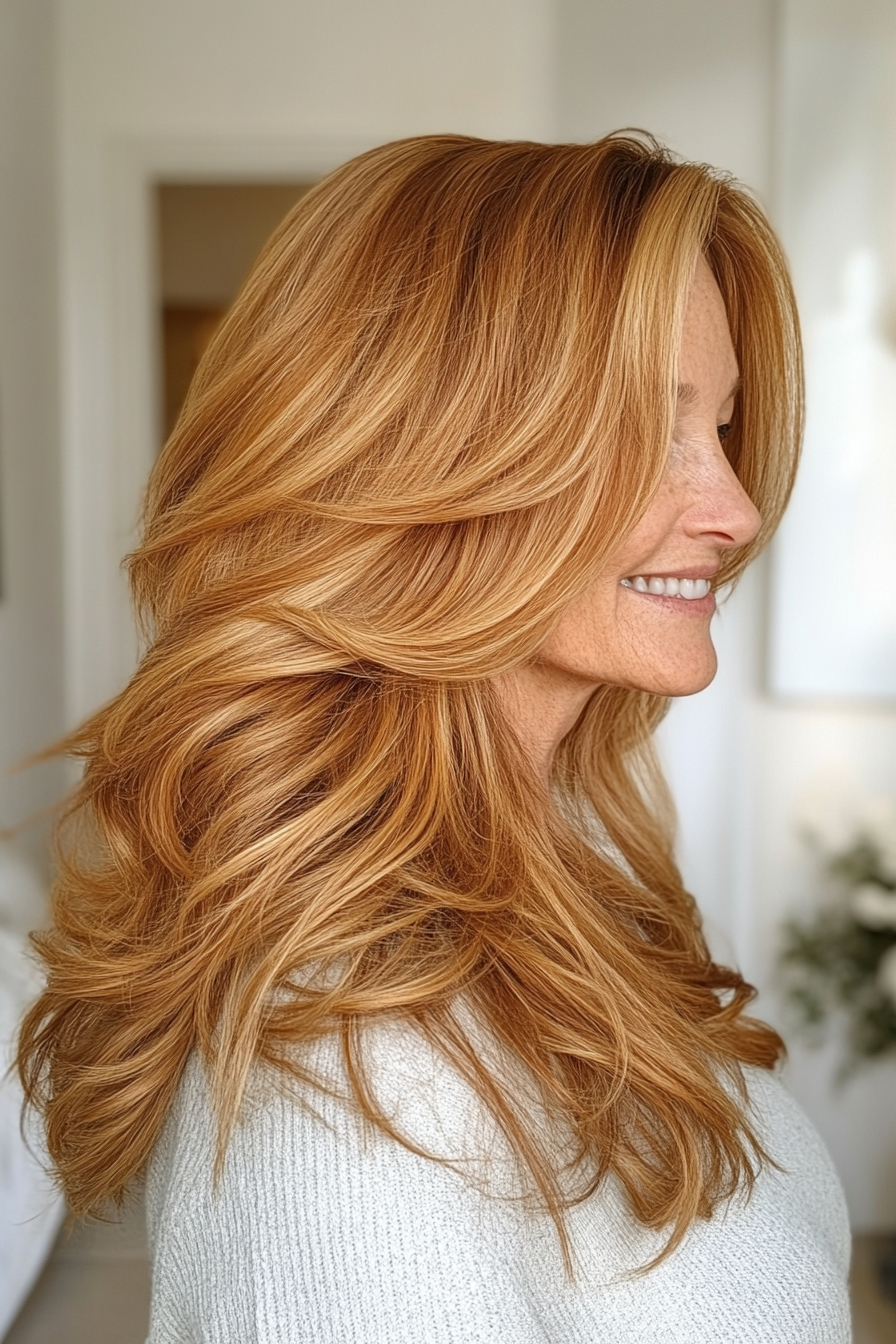 9. Long Layers with Golden Brown Flow (Haircuts For Older Women With Wavy Hair) - Haircuts For Older Women With Wavy Hair