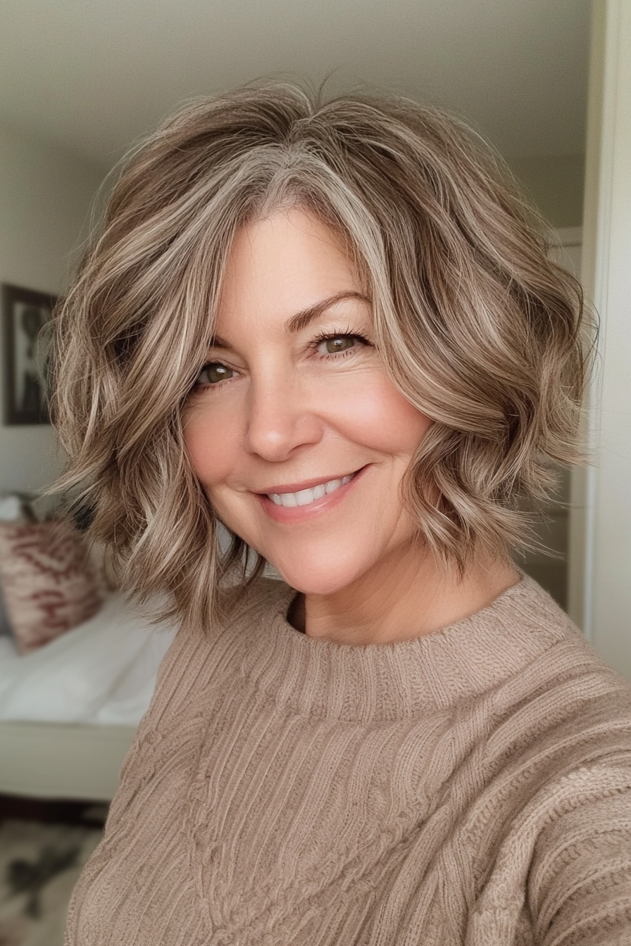 11. Stacked Wavy Bob in Light Brown (Haircuts For Older Women With Wavy Hair) - Haircuts For Older Women With Wavy Hair