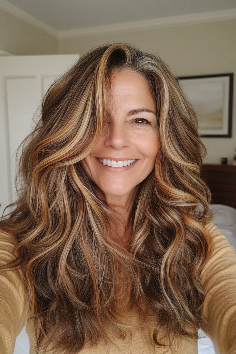 14. Long Wavy Cut with Caramel Highlights (Haircuts For Older Women With Wavy Hair) - Haircuts For Older Women With Wavy Hair