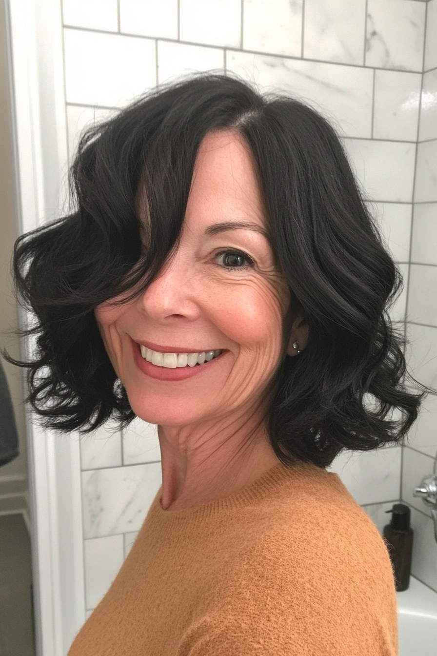 21. Side-Parted Wavy Cut in Soft Black (Haircuts For Older Women With Wavy Hair) - Haircuts For Older Women With Wavy Hair