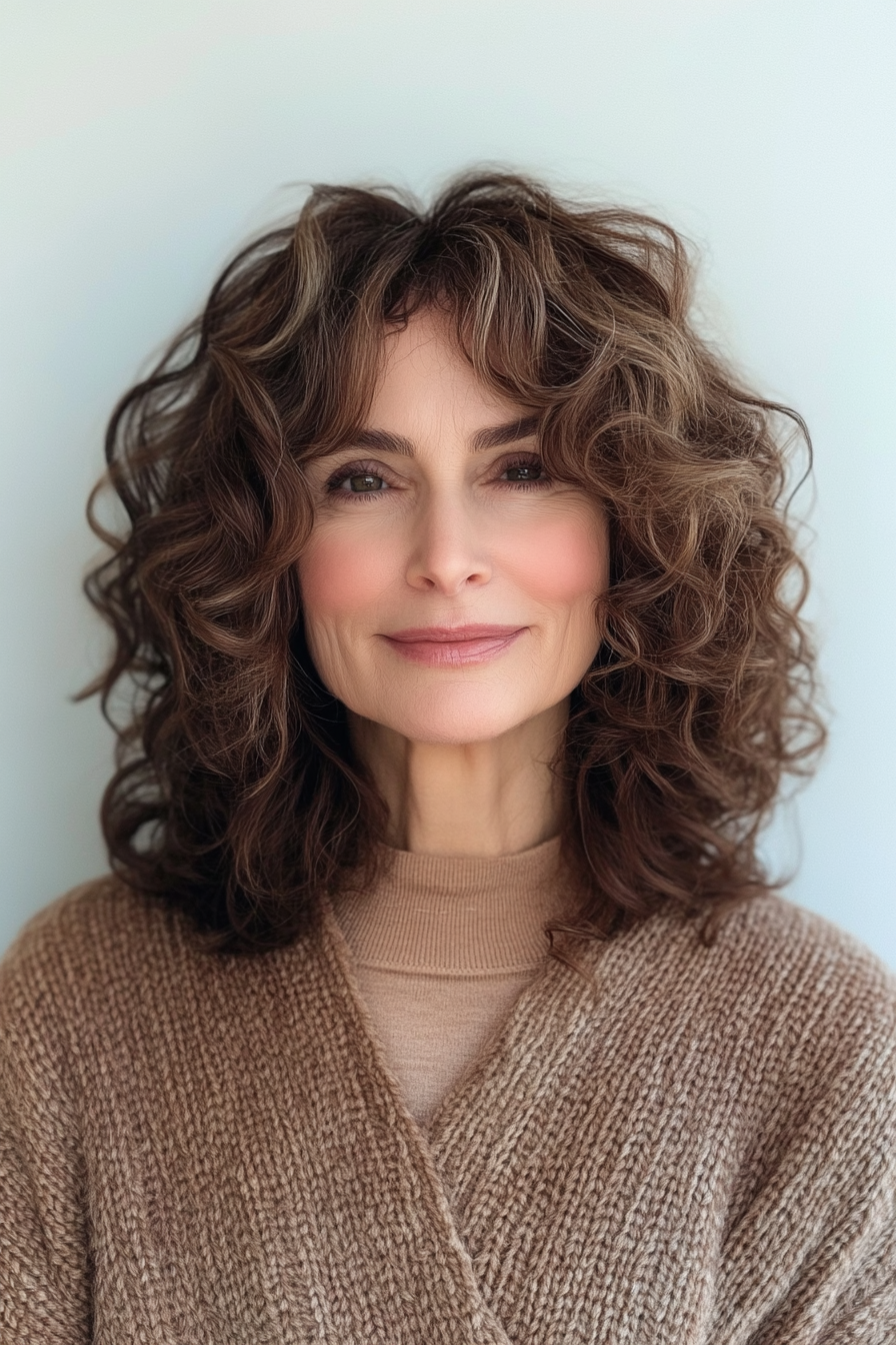 2. Layered Curly Lob with Chestnut Brown Tones (Curly Hairstyles For Women Over 50 With Bangs) - Curly Hairstyles For Women Over 50 With Bangs