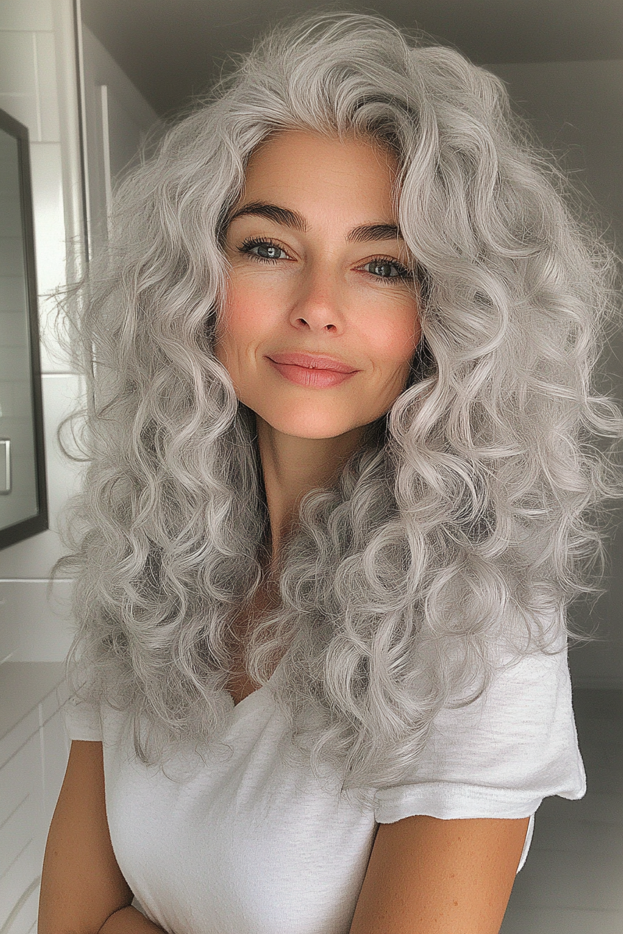 3. Voluminous Silver Curls with Side Bangs (Curly Hairstyles For Women Over 50 With Bangs) - Curly Hairstyles For Women Over 50 With Bangs