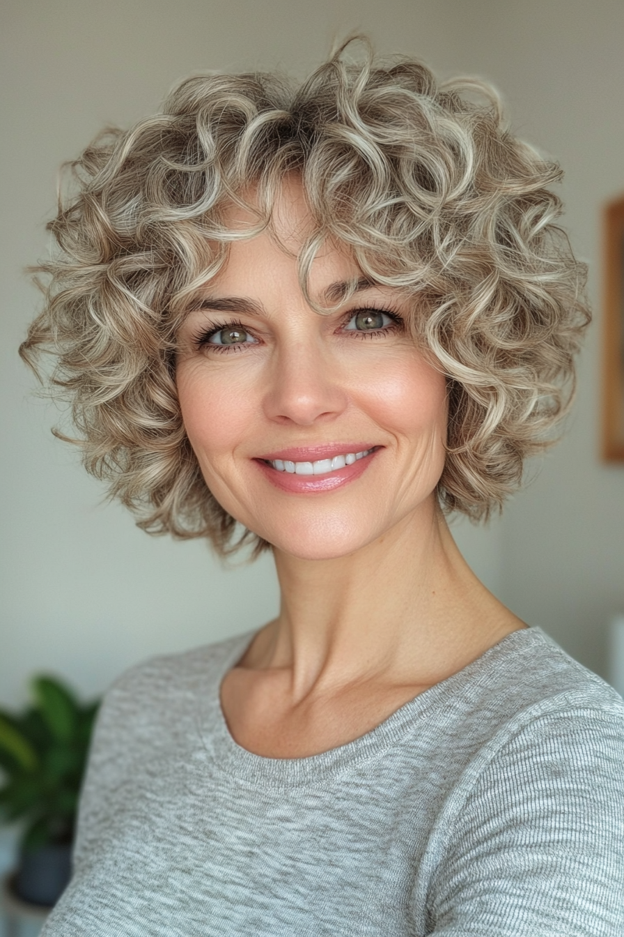 4. Curly Pixie with Sandy Blonde Hues (Curly Hairstyles For Women Over 50 With Bangs) - Curly Hairstyles For Women Over 50 With Bangs