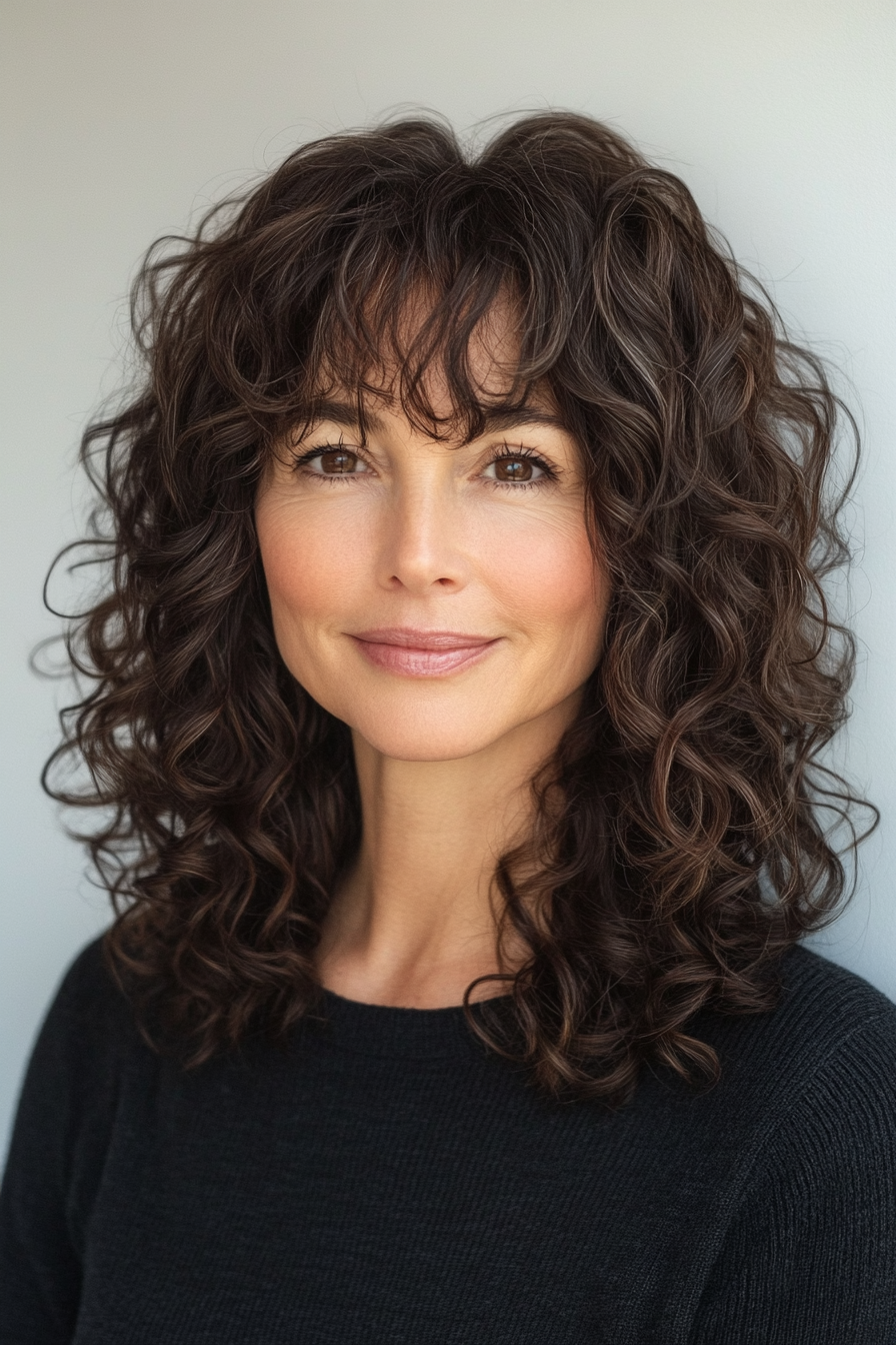 5. Medium Curly Layers with Dark Brown Blend (Curly Hairstyles For Women Over 50 With Bangs) - Curly Hairstyles For Women Over 50 With Bangs