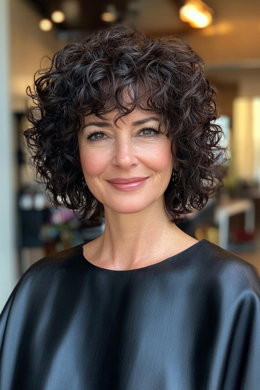 8. Angled Curly Bob with Black Coffee Tint (Curly Hairstyles For Women Over 50 With Bangs) - Curly Hairstyles For Women Over 50 With Bangs