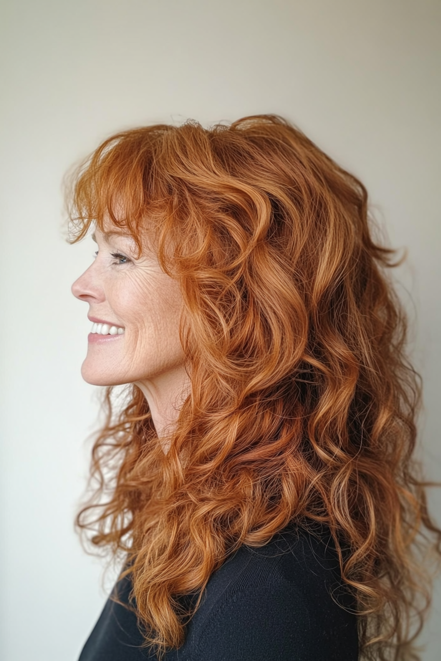 9. Shoulder-Length Tousled Curls in Auburn (Curly Hairstyles For Women Over 50 With Bangs) - Curly Hairstyles For Women Over 50 With Bangs