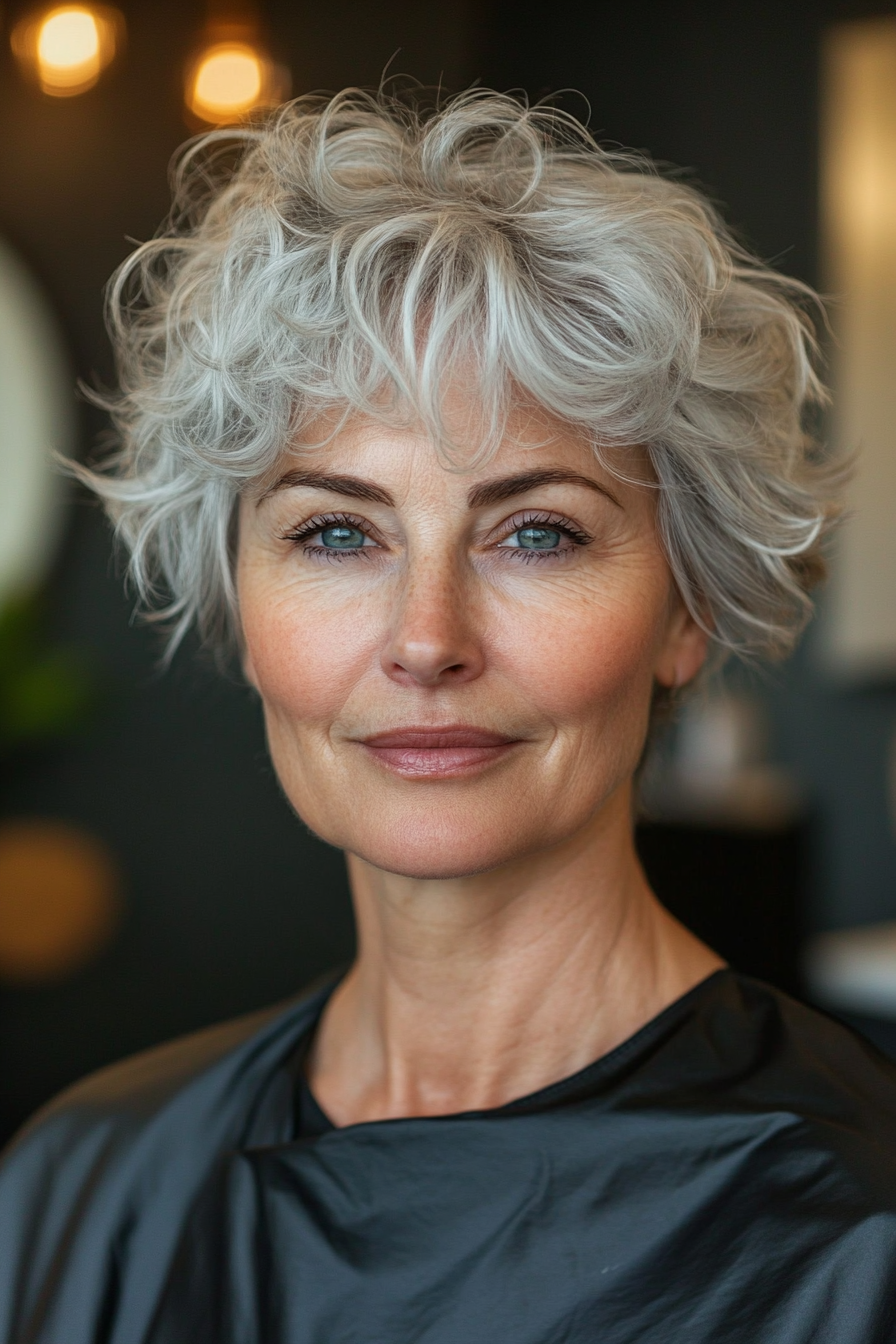 10. Tapered Curly Crop with Salt-and-Pepper Finish (Curly Hairstyles For Women Over 50 With Bangs) - Curly Hairstyles For Women Over 50 With Bangs