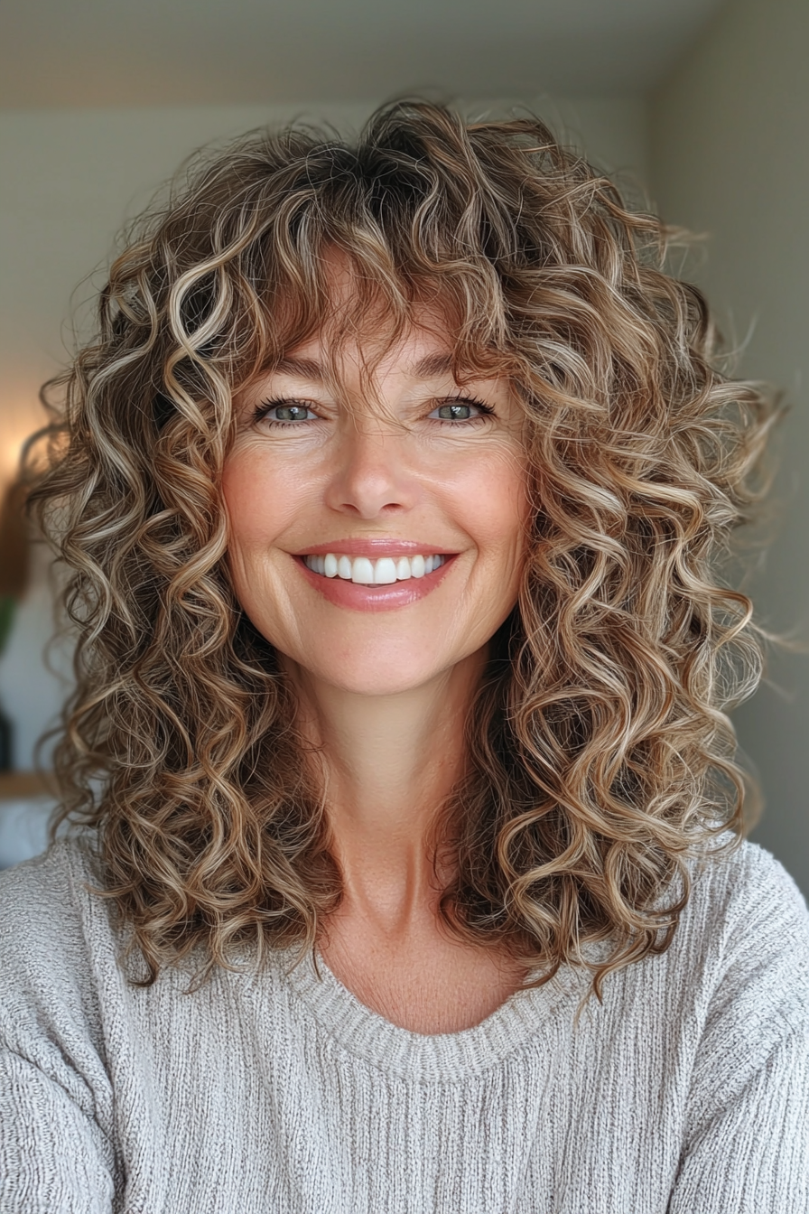 12. Defined Curly Shag with Neutral Brown Highlights (Curly Hairstyles For Women Over 50 With Bangs) - Curly Hairstyles For Women Over 50 With Bangs
