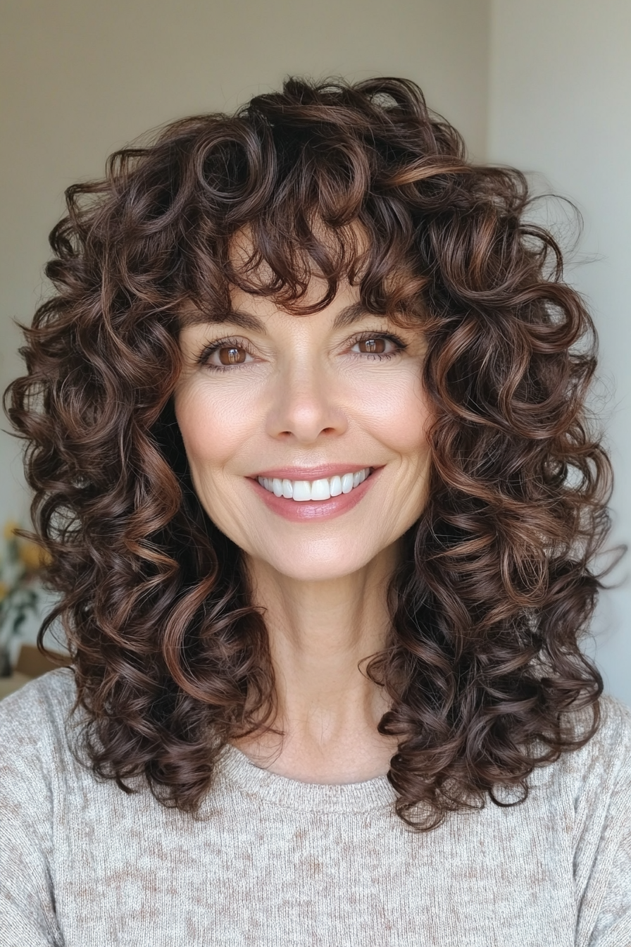 14. Elegant Curls with Dark Mahogany Depth (Curly Hairstyles For Women Over 50 With Bangs) - Curly Hairstyles For Women Over 50 With Bangs