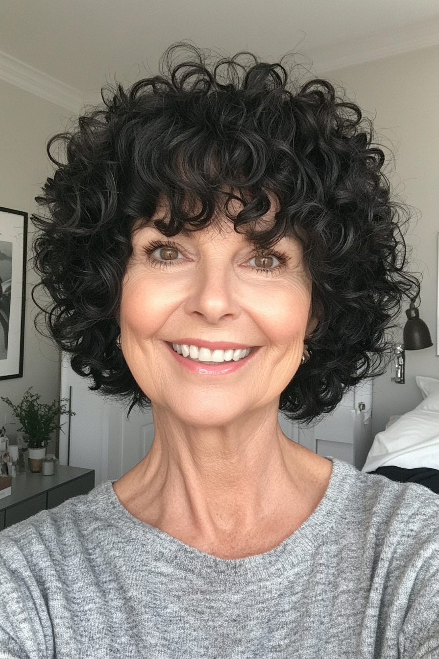 15. Short Ringlet Bob with Soft Black Shade (Curly Hairstyles For Women Over 50 With Bangs) - Curly Hairstyles For Women Over 50 With Bangs