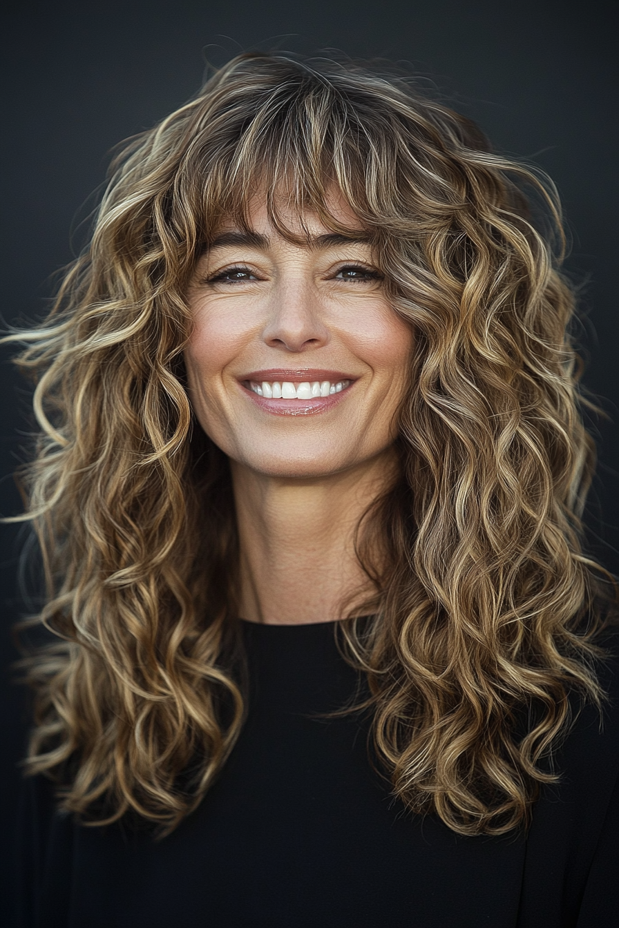 17. Wavy Curly Blend with Light Ash Brown Curls (Curly Hairstyles For Women Over 50 With Bangs) - Curly Hairstyles For Women Over 50 With Bangs