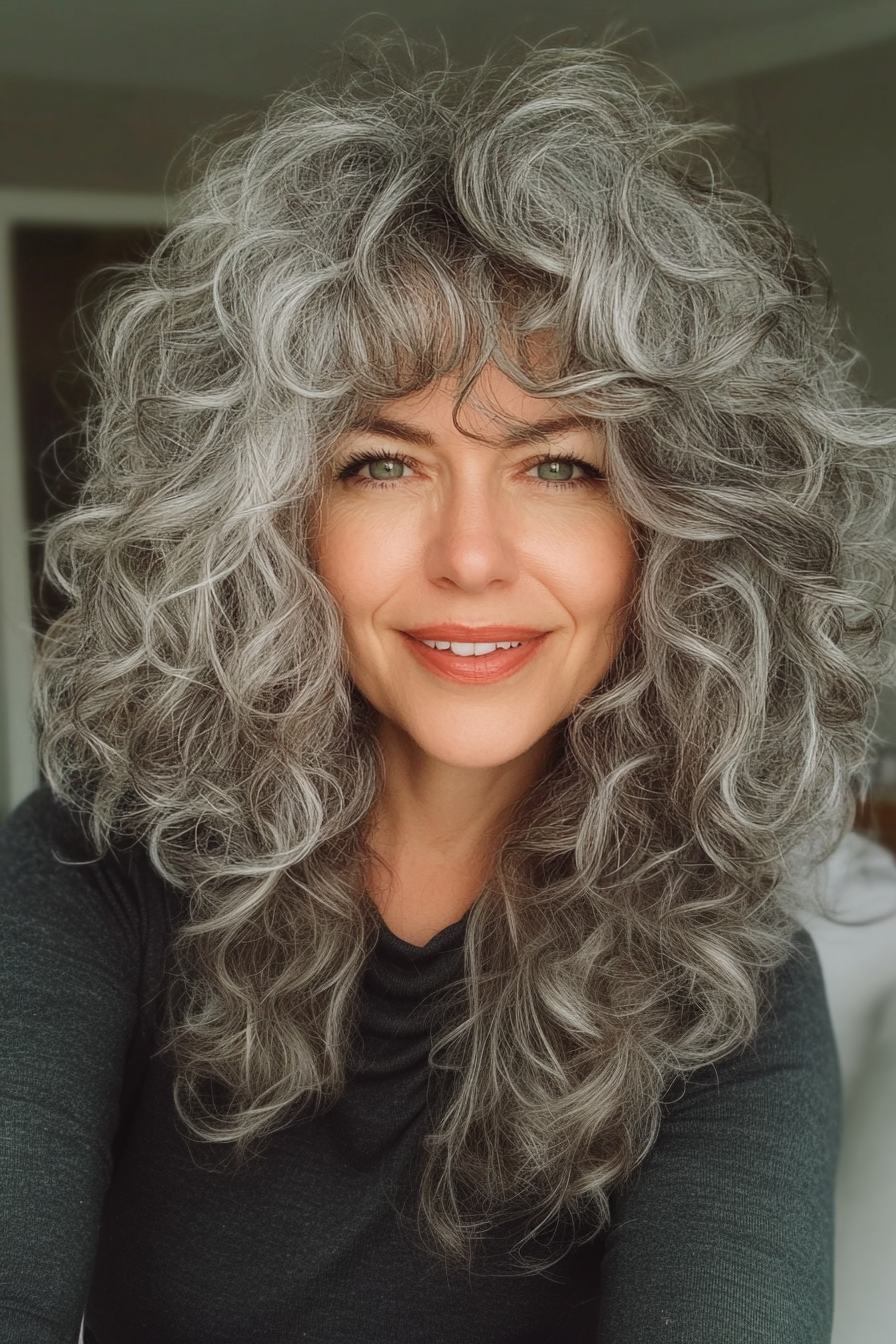 19. Textured Curly Shag with Natural Gray Highlights (Curly Hairstyles For Women Over 50 With Bangs) - Curly Hairstyles For Women Over 50 With Bangs