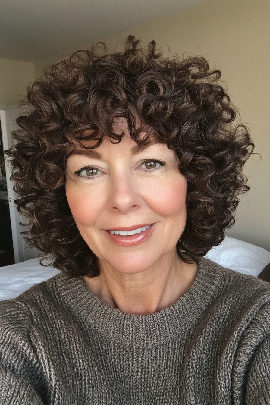 20. Classic Curly Bob with Deep Brown Hue (Curly Hairstyles For Women Over 50 With Bangs) - Curly Hairstyles For Women Over 50 With Bangs