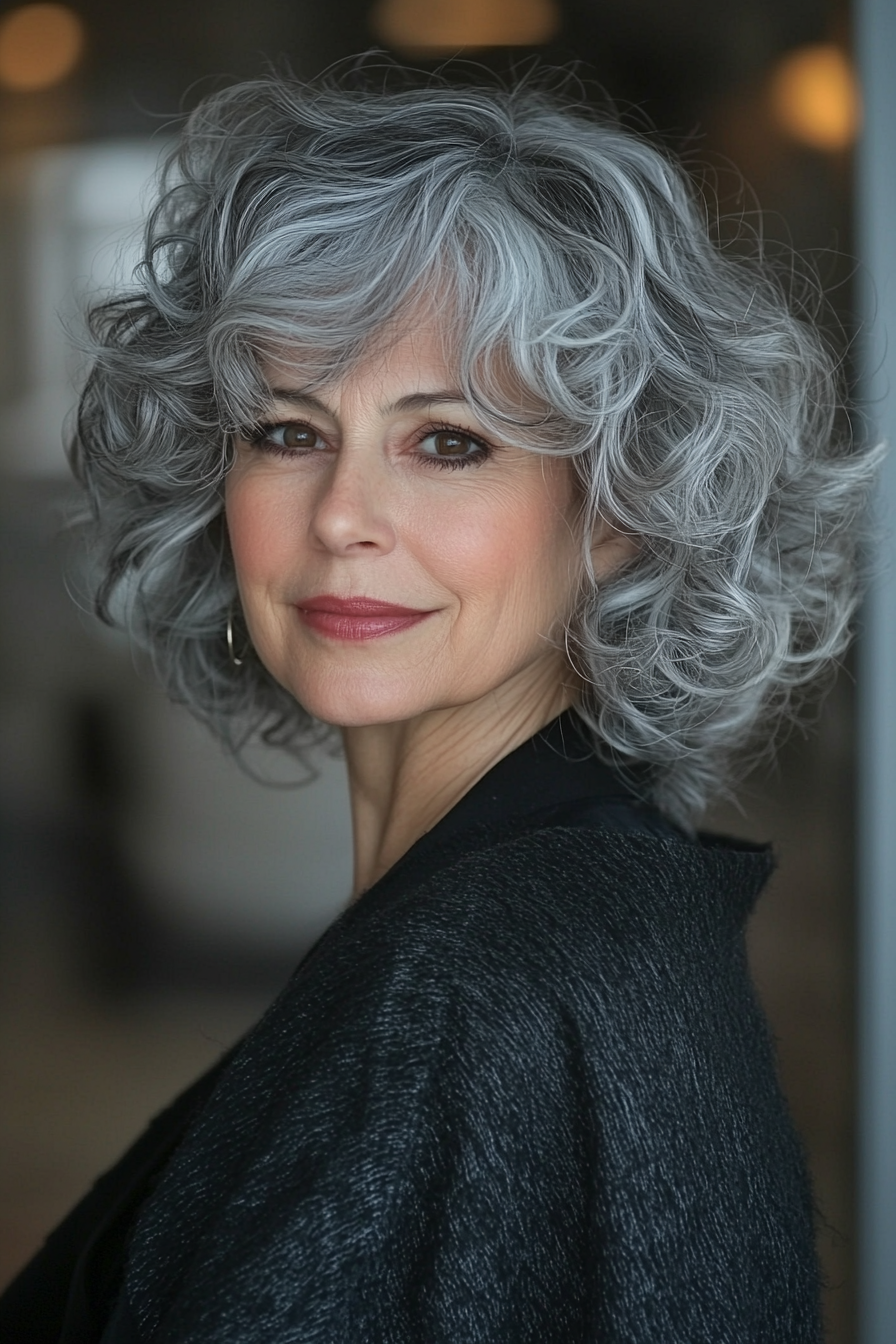 22. Layered Ringlets with Cool Ash Gray Accents (Curly Hairstyles For Women Over 50 With Bangs) - Curly Hairstyles For Women Over 50 With Bangs