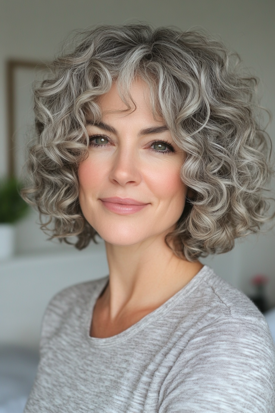 23. Curly Chin-Length Crop in Sandy Gray (Curly Hairstyles For Women Over 50 With Bangs) - Curly Hairstyles For Women Over 50 With Bangs