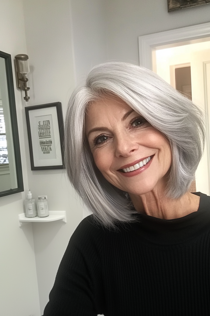 1. Silver Feathered Bob with Soft Layers (Haircut Ideas For Women Over 60) - Haircut Ideas For Women Over 60