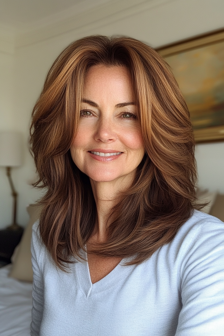 4. Chestnut Brown Layered Shag (Haircut Ideas For Women Over 60) - Haircut Ideas For Women Over 60