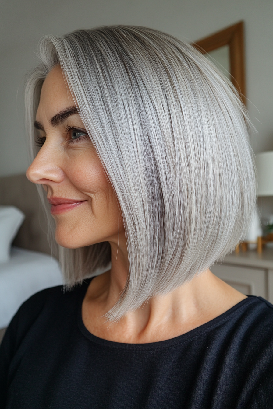 5. Natural Grey Angled Bob (Haircut Ideas For Women Over 60) - Haircut Ideas For Women Over 60