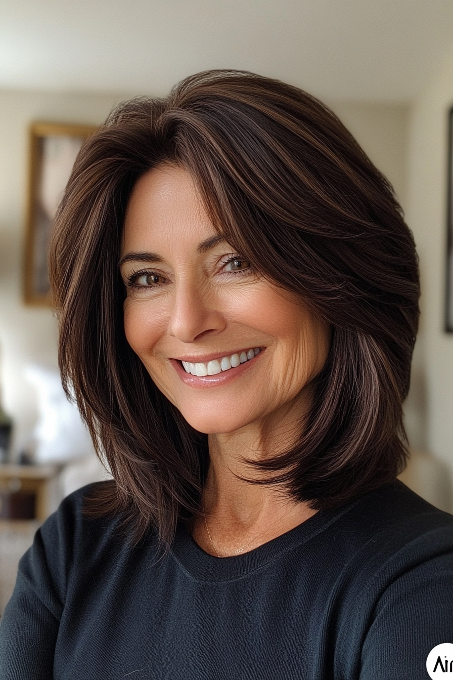 7. Dark Brown Layered Midi Cut (Haircut Ideas For Women Over 60) - Haircut Ideas For Women Over 60
