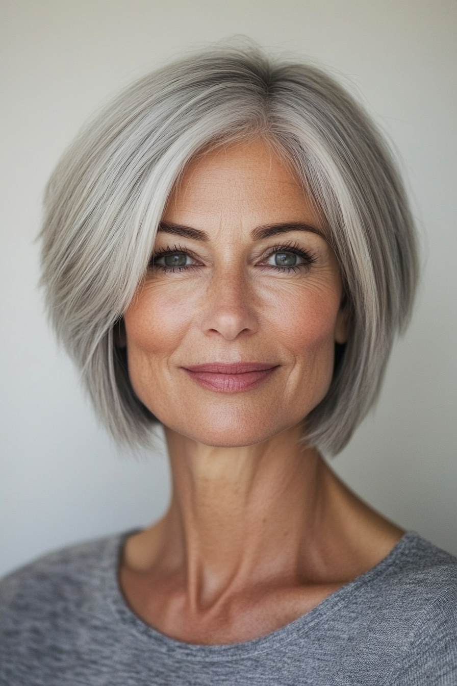 8. Salt and Pepper Short Stacked Bob (Haircut Ideas For Women Over 60) - Haircut Ideas For Women Over 60