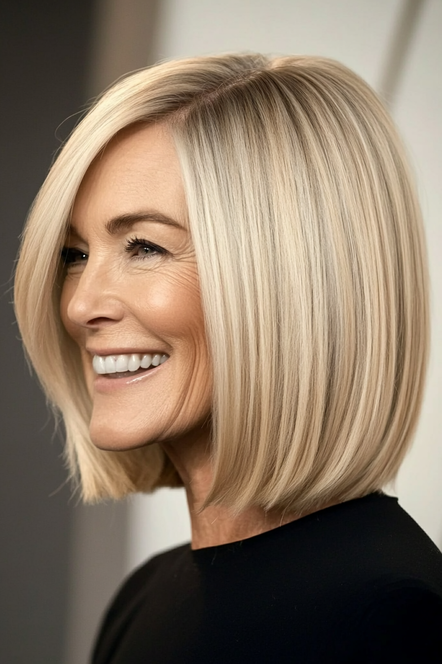 9. Honey Blonde Side-Parted Lob (Haircut Ideas For Women Over 60) - Haircut Ideas For Women Over 60