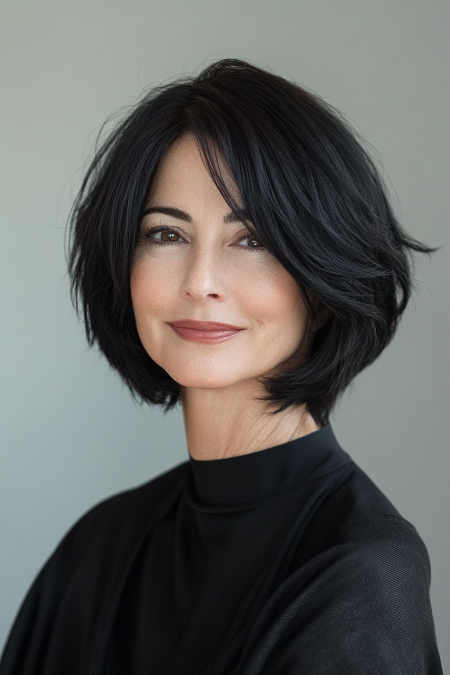 11. Soft Black Chin-Length Bob (Haircut Ideas For Women Over 60) - Haircut Ideas For Women Over 60