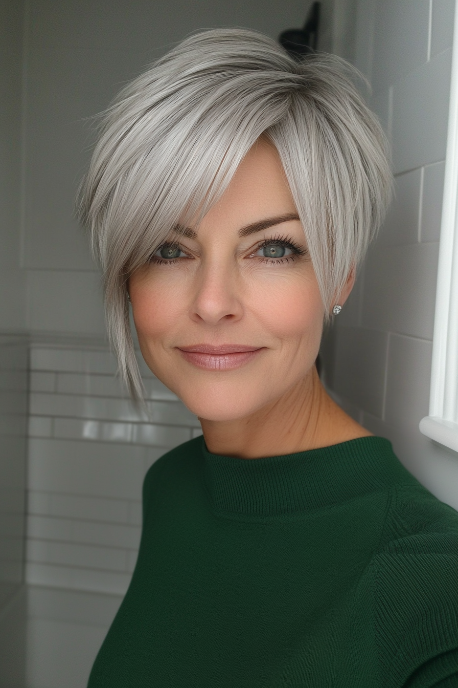 14. Silver Pixie with Long Bangs (Haircut Ideas For Women Over 60) - Haircut Ideas For Women Over 60