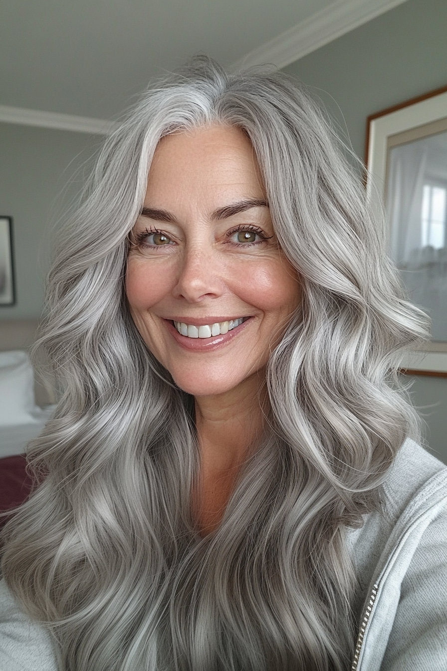 17. Natural Grey Wavy Lob (Haircut Ideas For Women Over 60) - Haircut Ideas For Women Over 60