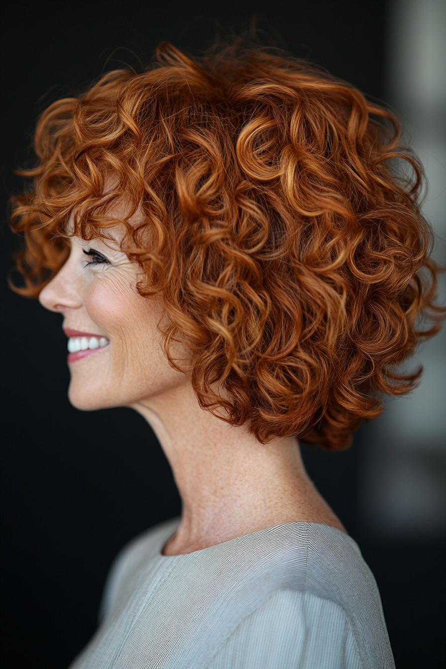 22. Copper Brown Curly Bob (Haircut Ideas For Women Over 60) - Haircut Ideas For Women Over 60