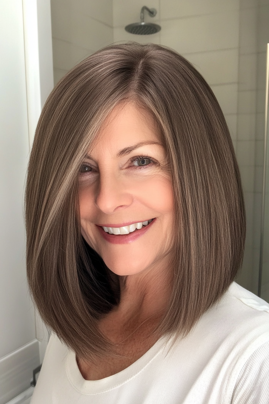 23. Medium Ash Brown Sleek Lob (Haircut Ideas For Women Over 60) - Haircut Ideas For Women Over 60