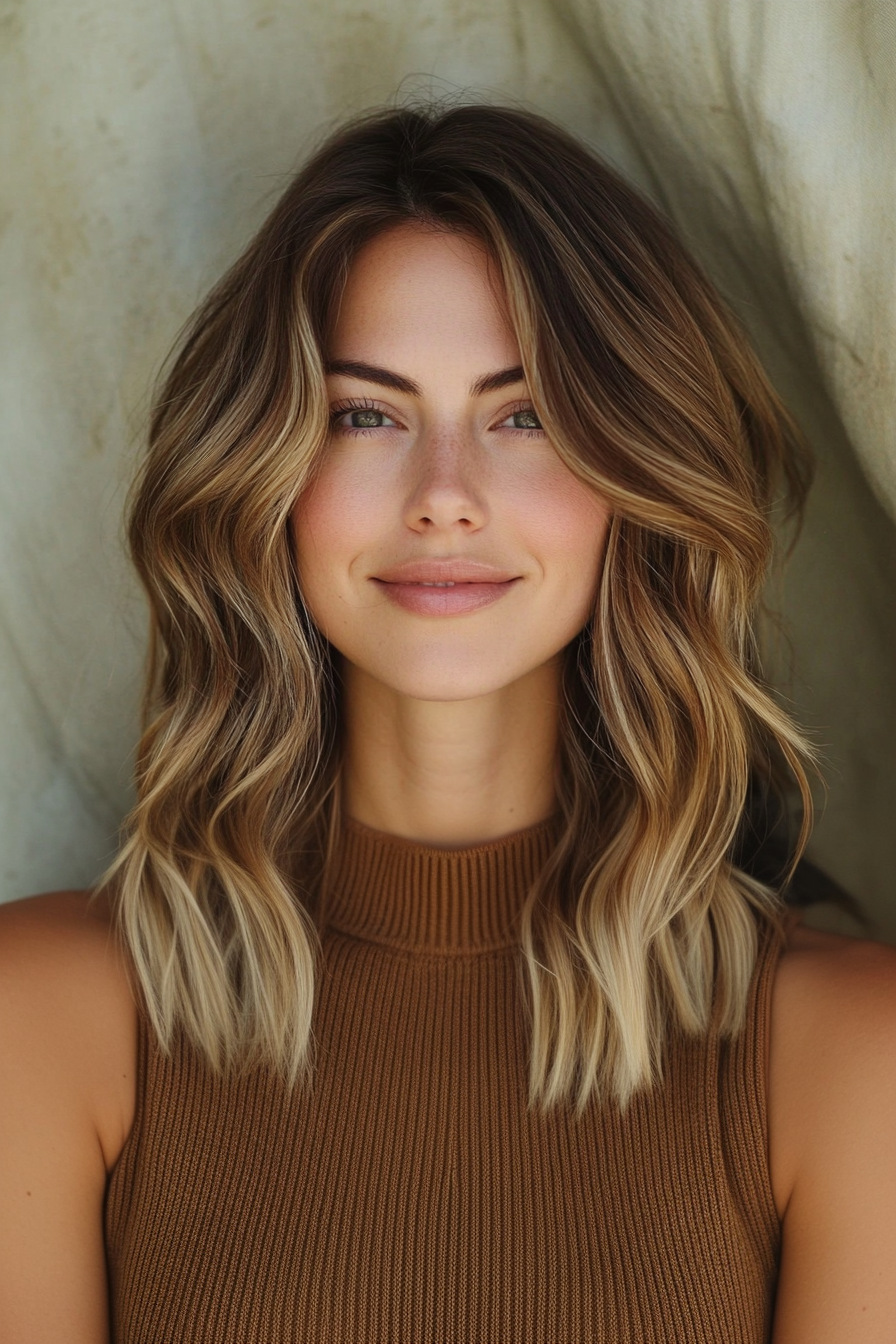 3. Curved Layers with Golden Blonde Balayage (Hairstyles For Medium Length Wavy Hair) - Hairstyles For Medium Length Wavy Hair