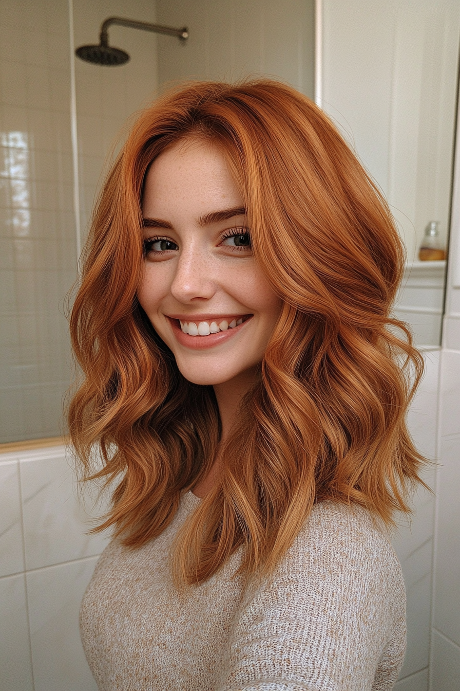 6. Wispy Layers with Medium Auburn Glow (Hairstyles For Medium Length Wavy Hair) - Hairstyles For Medium Length Wavy Hair