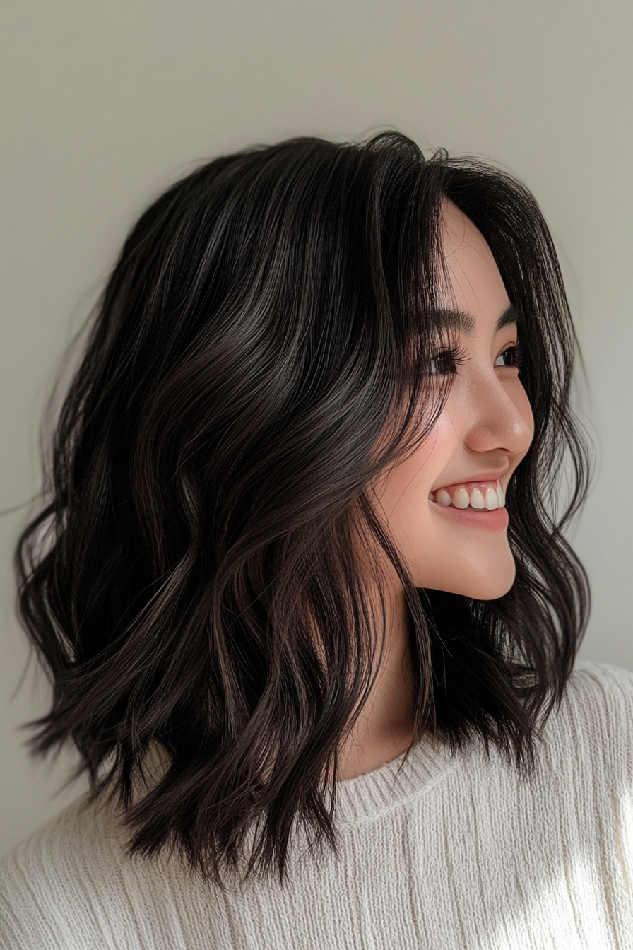 9. Airy Lob with Soft Black Depth (Hairstyles For Medium Length Wavy Hair) - Hairstyles For Medium Length Wavy Hair