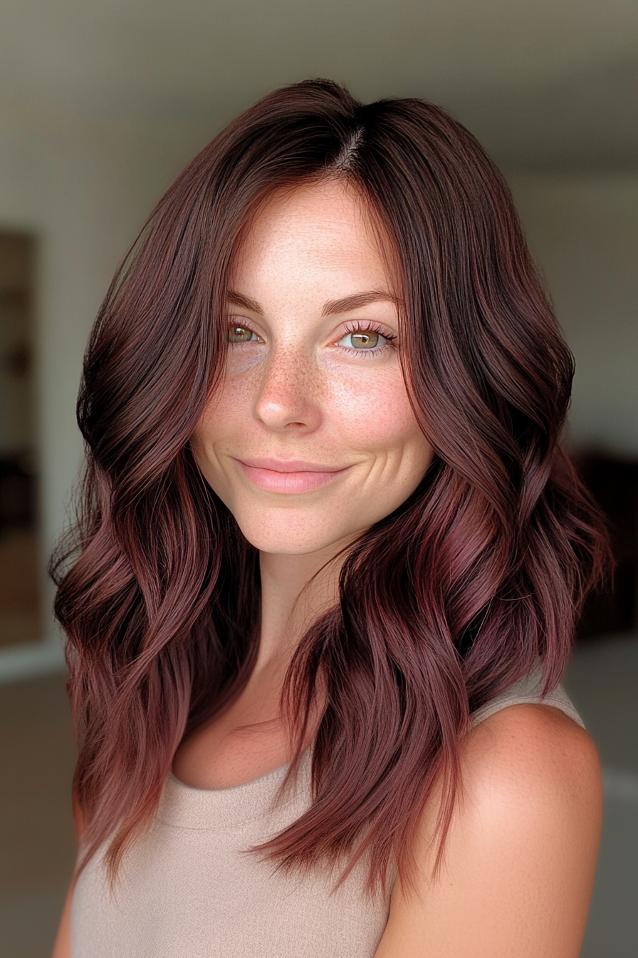 13. Layered Mid-Cut with Deep Mahogany Hue (Hairstyles For Medium Length Wavy Hair) - Hairstyles For Medium Length Wavy Hair