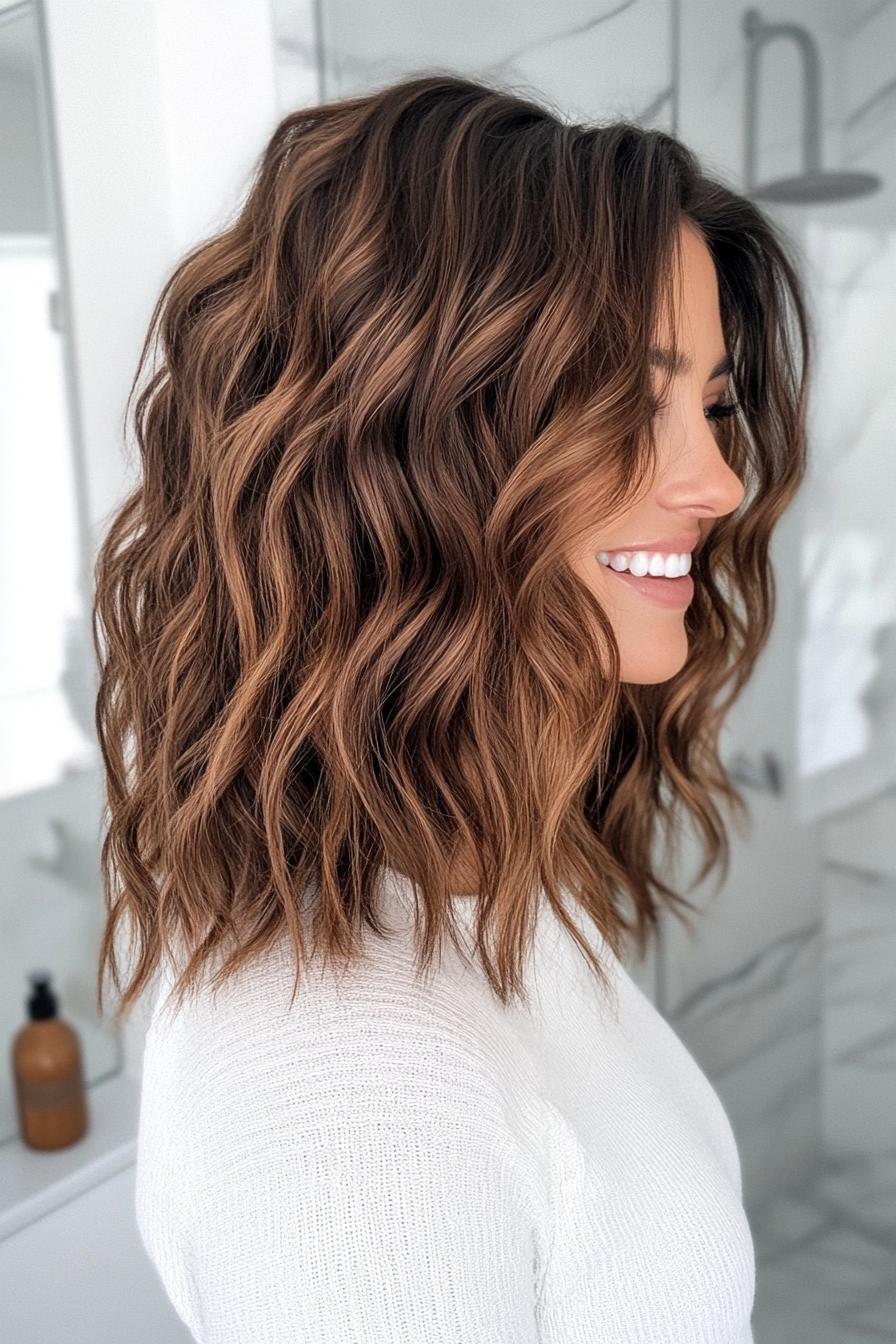 17. Choppy Waves with Soft Walnut Brown (Hairstyles For Medium Length Wavy Hair) - Hairstyles For Medium Length Wavy Hair