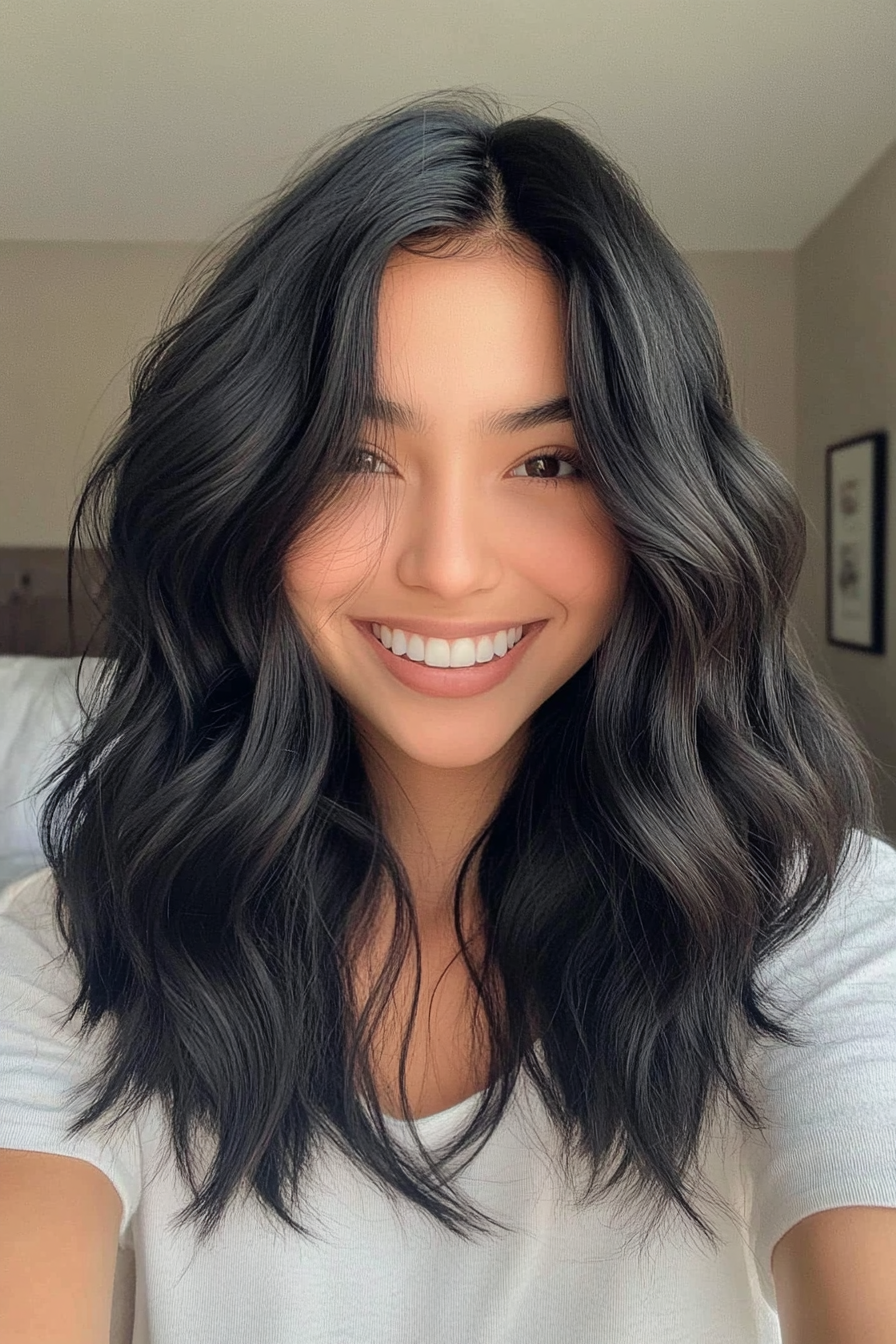 20. Low-Layered Cut with Natural Jet Black (Hairstyles For Medium Length Wavy Hair) - Hairstyles For Medium Length Wavy Hair