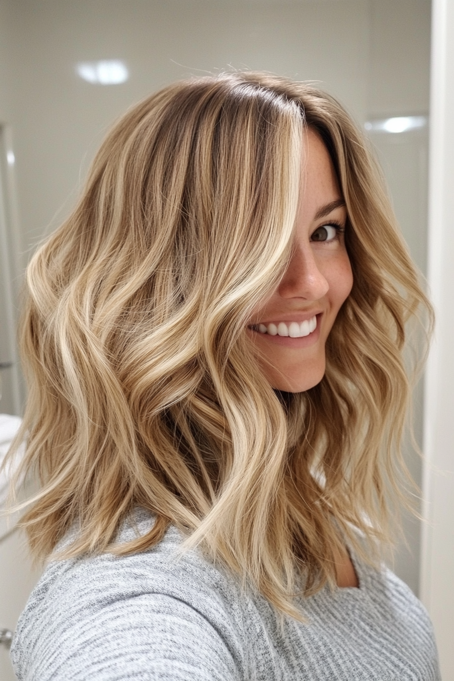 21. Tousled Layers with Wheat Blonde Wash (Hairstyles For Medium Length Wavy Hair) - Hairstyles For Medium Length Wavy Hair