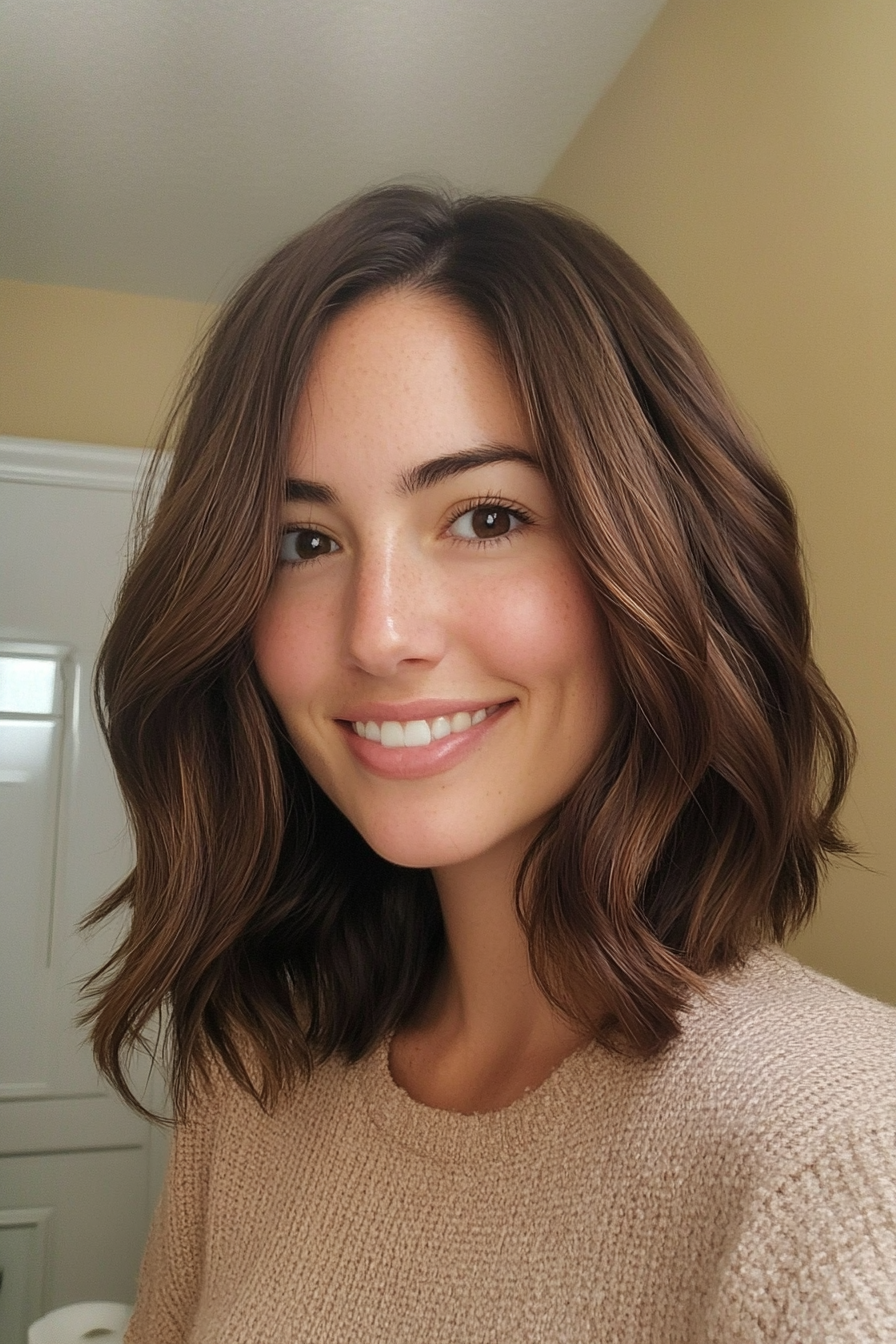 22. Classic Mid Cut with Subtle Cinnamon Tint (Hairstyles For Medium Length Wavy Hair) - Hairstyles For Medium Length Wavy Hair