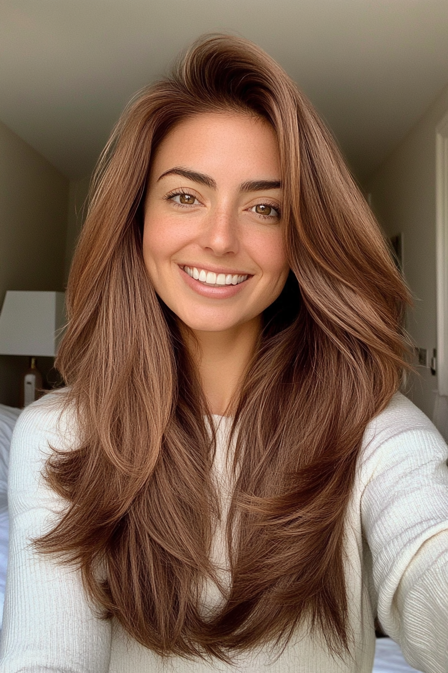1. Sunlit Chestnut Long Layers (Hairstyles For Thick Hair) - Hairstyles For Thick Hair