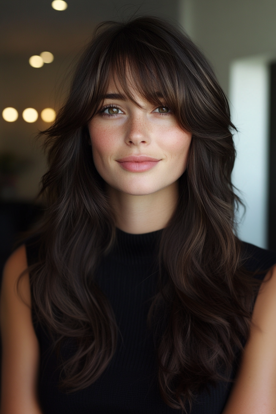 8. Mahogany Wispy Bangs and Layers (Hairstyles For Thick Hair) - Hairstyles For Thick Hair