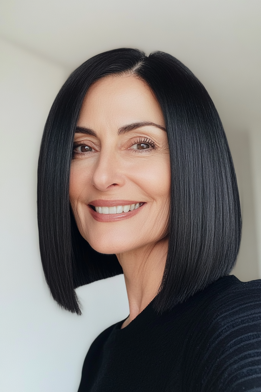 3. Blunt Lob with Classic Black (Long Bob Haircuts For Older Women) - Long Bob Haircuts For Older Women