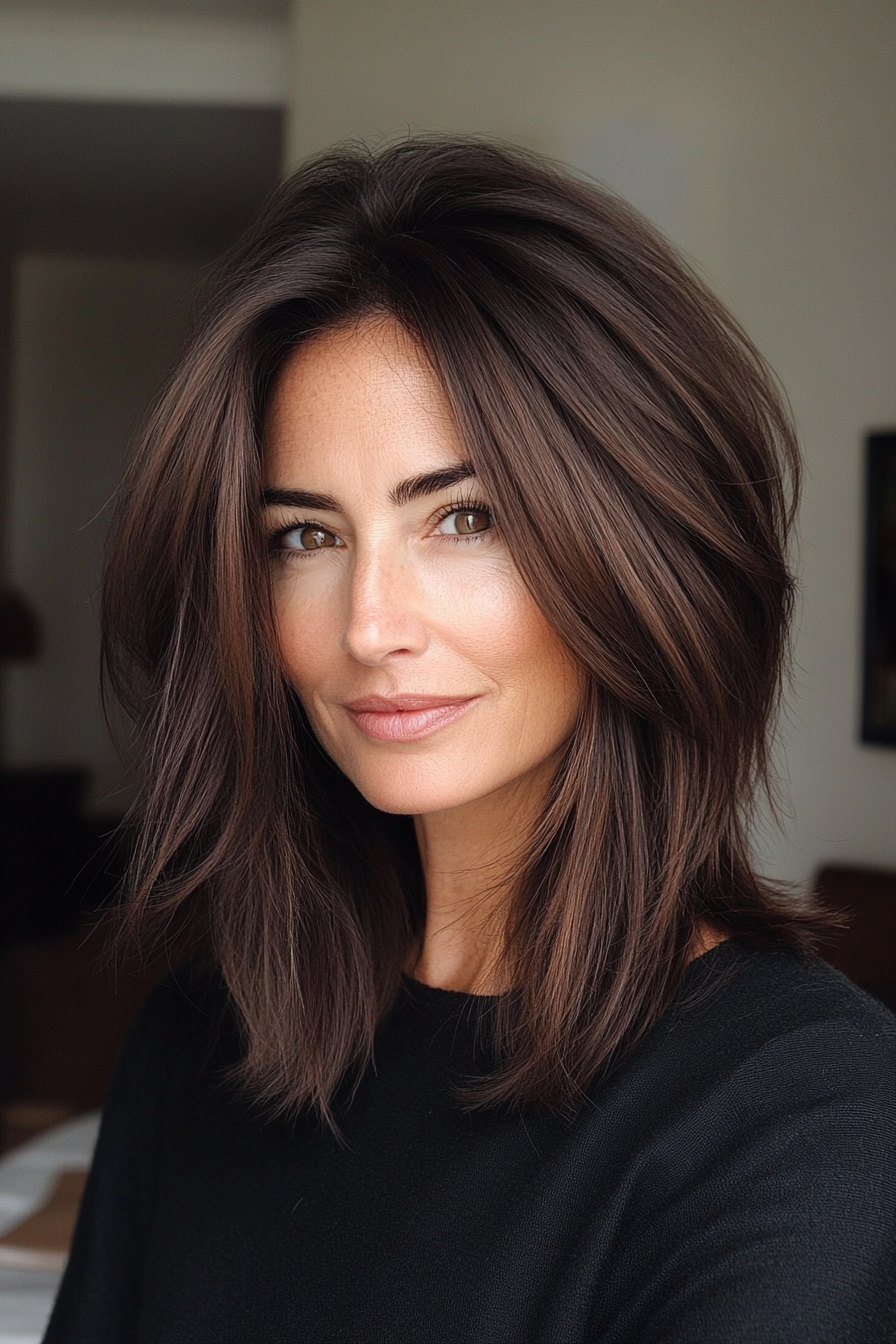 5. Layered Angled Lob in Dark Brown (Long Bob Haircuts For Older Women) - Long Bob Haircuts For Older Women