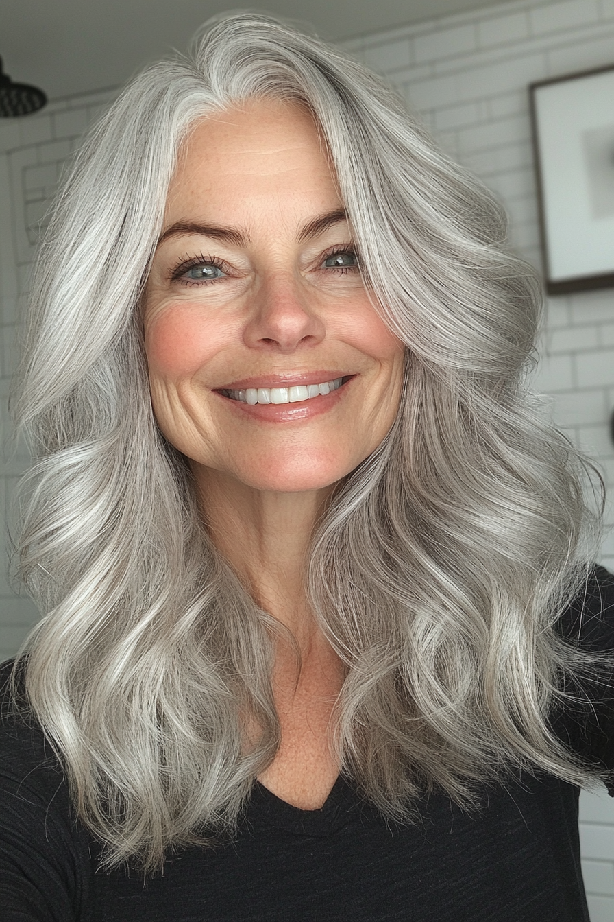 7. Wavy Lob with Silver Highlights (Long Bob Haircuts For Older Women) - Long Bob Haircuts For Older Women