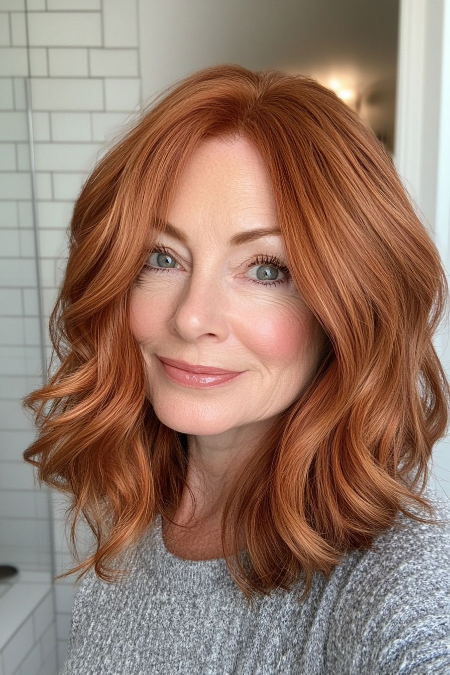 10. Curved Ends Lob with Light Auburn (Long Bob Haircuts For Older Women) - Long Bob Haircuts For Older Women