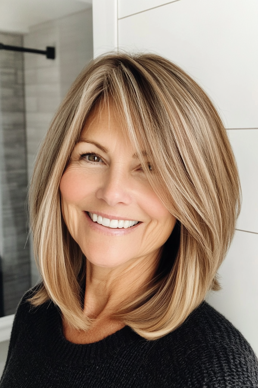 11. Curtain Bang Lob with Soft Caramel (Long Bob Haircuts For Older Women) - Long Bob Haircuts For Older Women