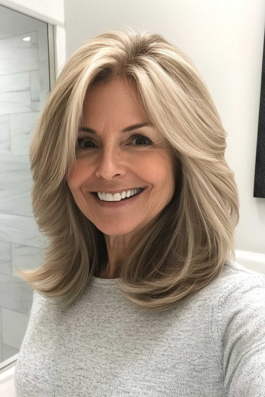 12. Feathered Lob with Neutral Beige Blonde (Long Bob Haircuts For Older Women) - Long Bob Haircuts For Older Women