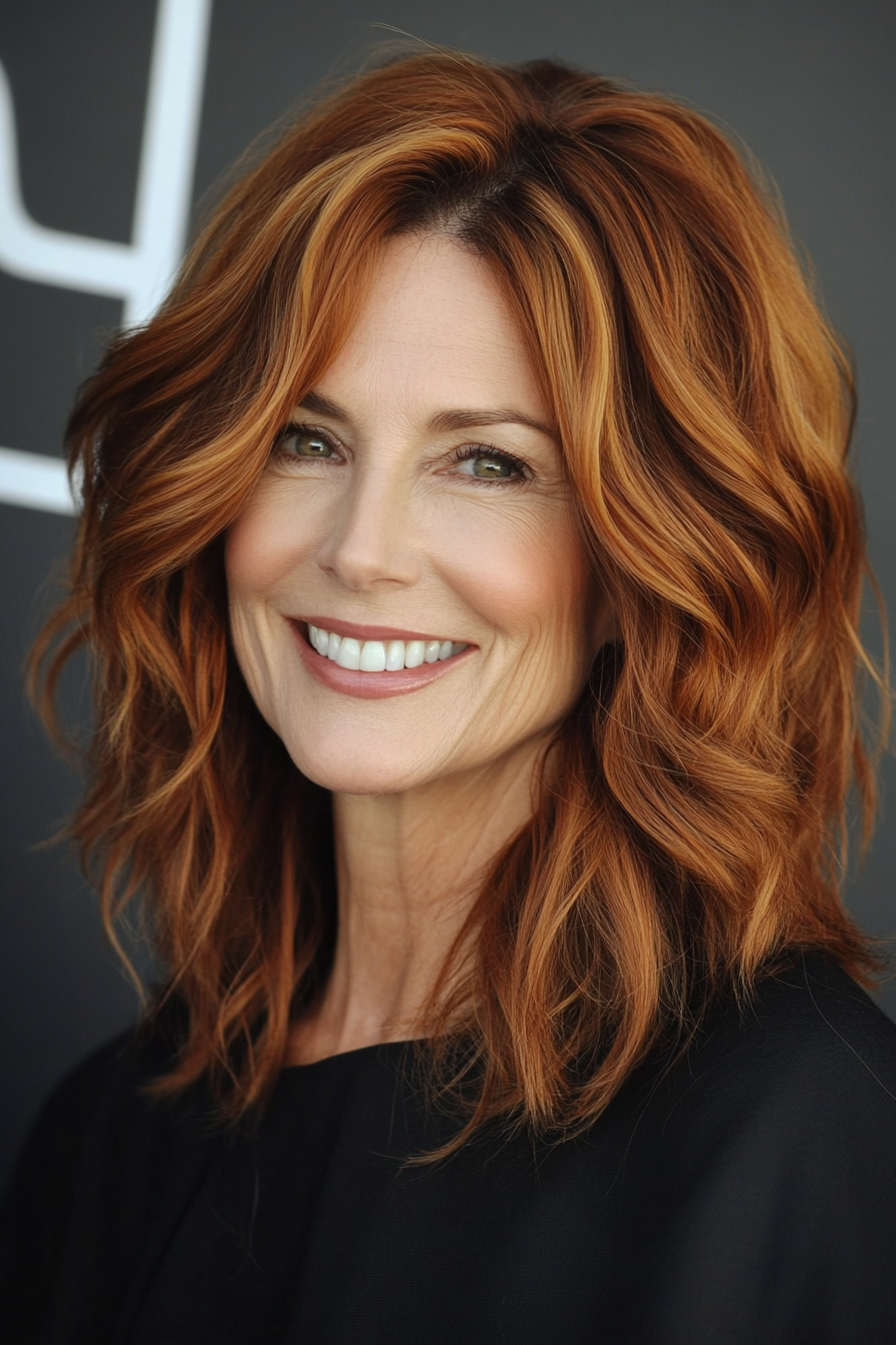 15. Tousled Lob with Dark Copper (Long Bob Haircuts For Older Women) - Long Bob Haircuts For Older Women
